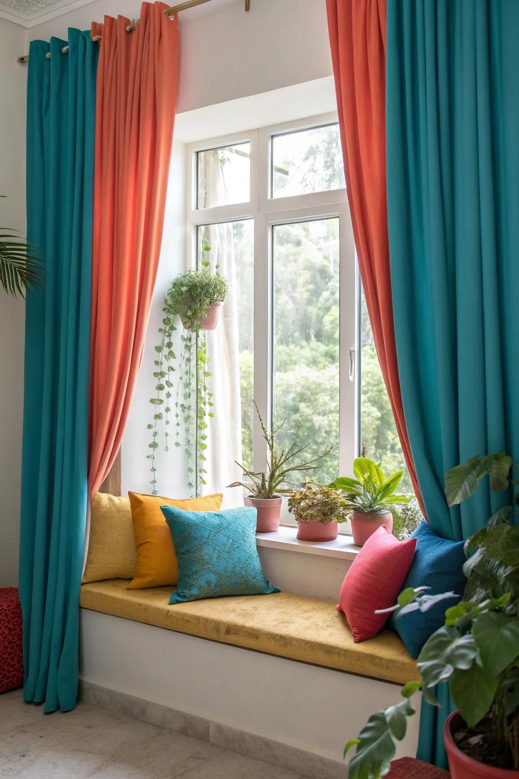 Two-tone curtains add dimension and style to your window seat.
