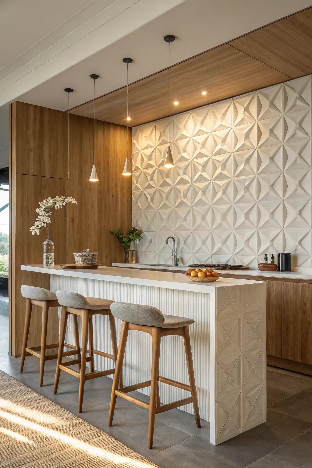 Elevate your kitchen with eye-catching 3D wall panels that add depth and texture.