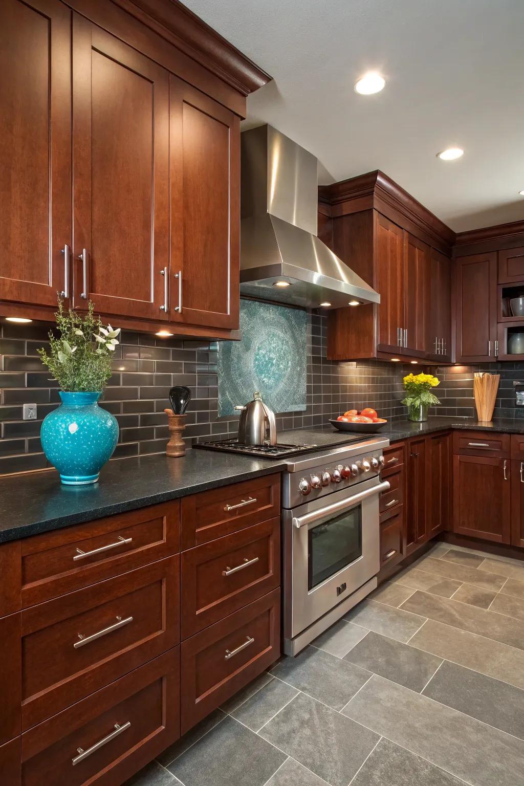 Charcoal tones add sophistication, creating a dramatic backdrop for cherry wood.