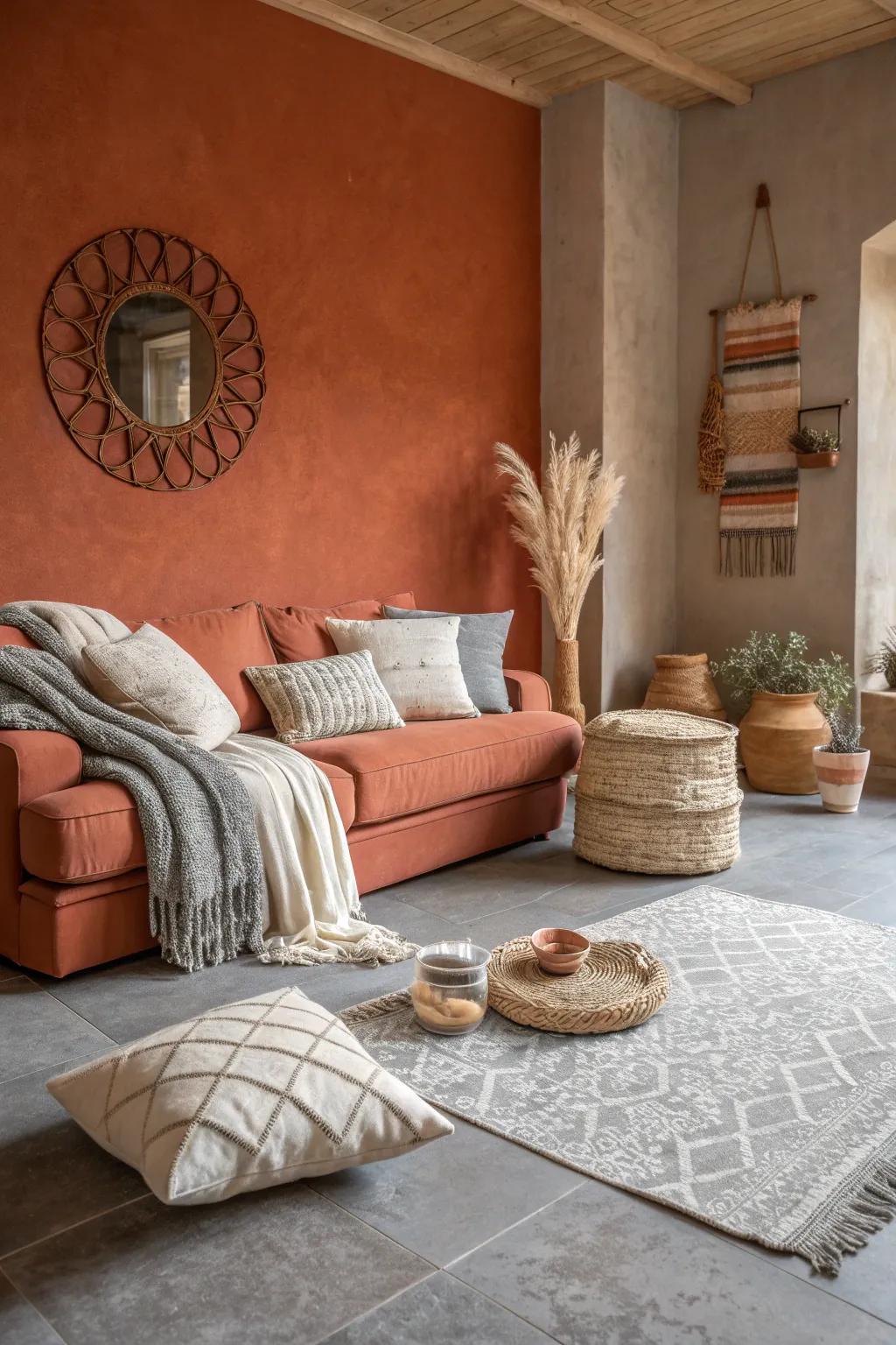 Terracotta walls add warmth and earthiness, creating a welcoming and cozy atmosphere.