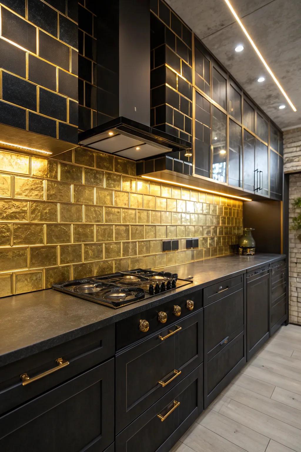 Create a stunning statement with luxurious gold and black tiles in your home. #TileDesign #LuxuryKitchen