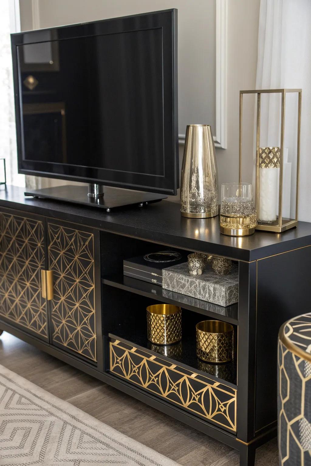 Add a modern twist with bold geometric patterns on your TV stand.