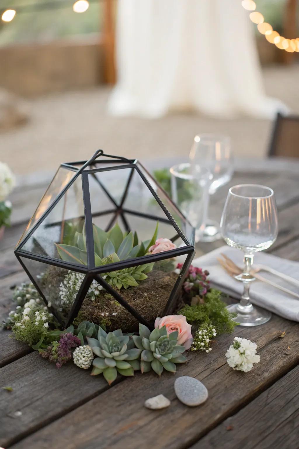 Modern twist: geometric terrariums bring a fresh vibe to your centerpiece.