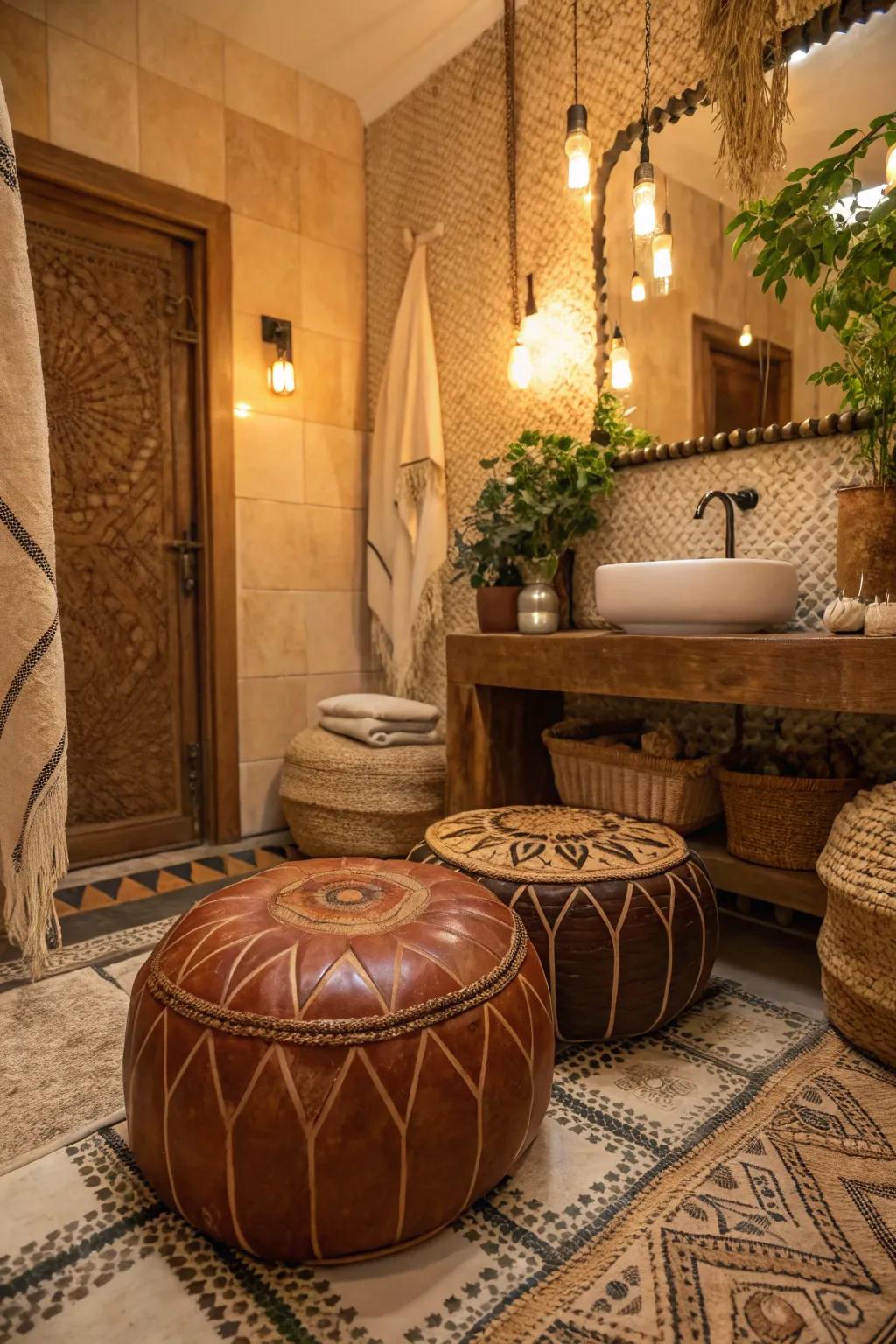 Moroccan poufs bring global charm and cozy seating to your boho space. 🌍 #GlobalStyle #BohoVibes