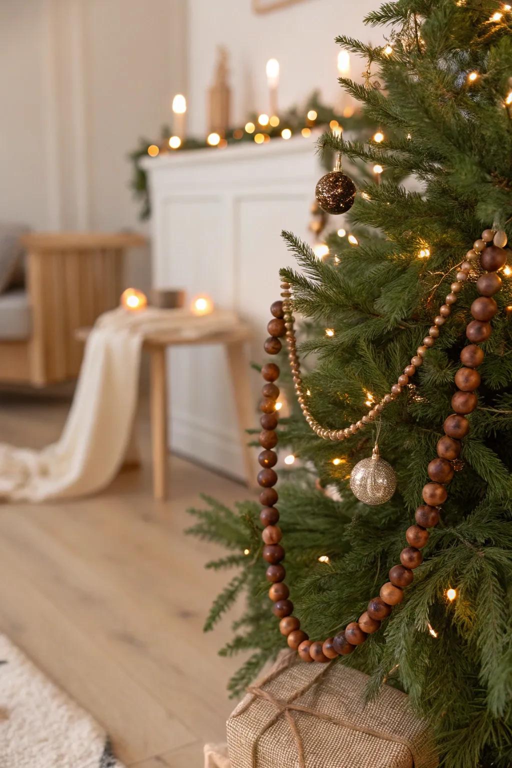 Bronze and wood garland adds sophistication, perfectly complementing the warm brown tones.