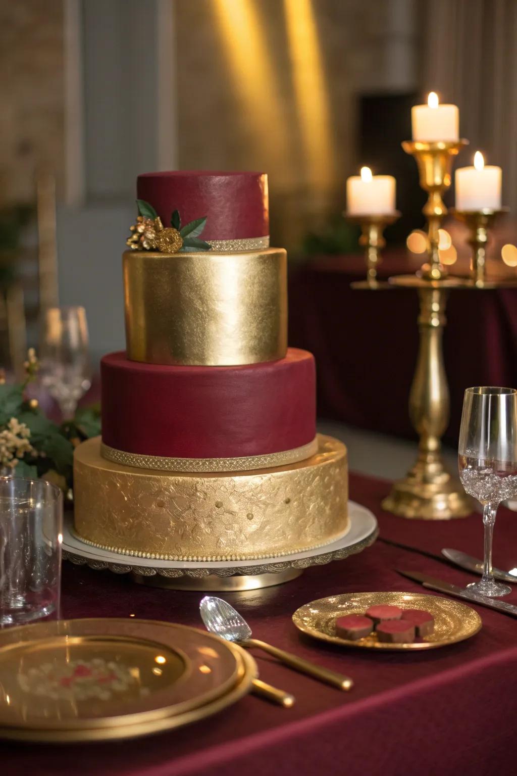 A chic metallic finish in gold over burgundy adds opulence to this cake design.