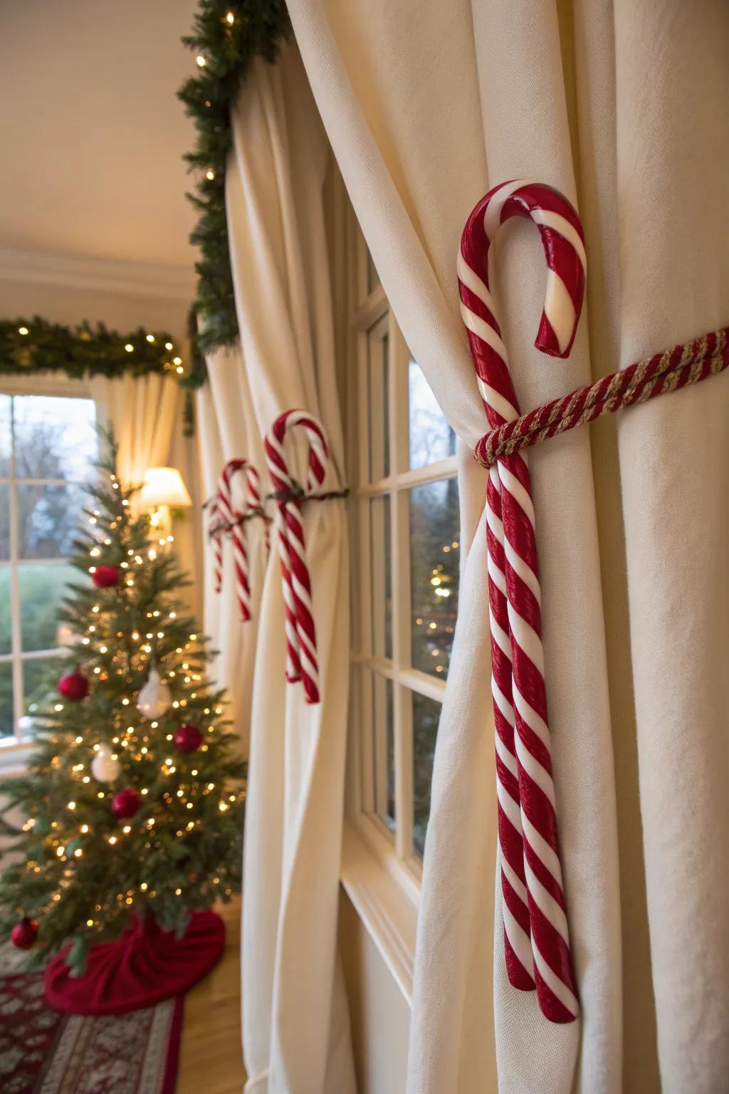 Add a playful twist to your curtains with candy cane tiebacks. #CurtainStyle #HolidayTouch 🎀