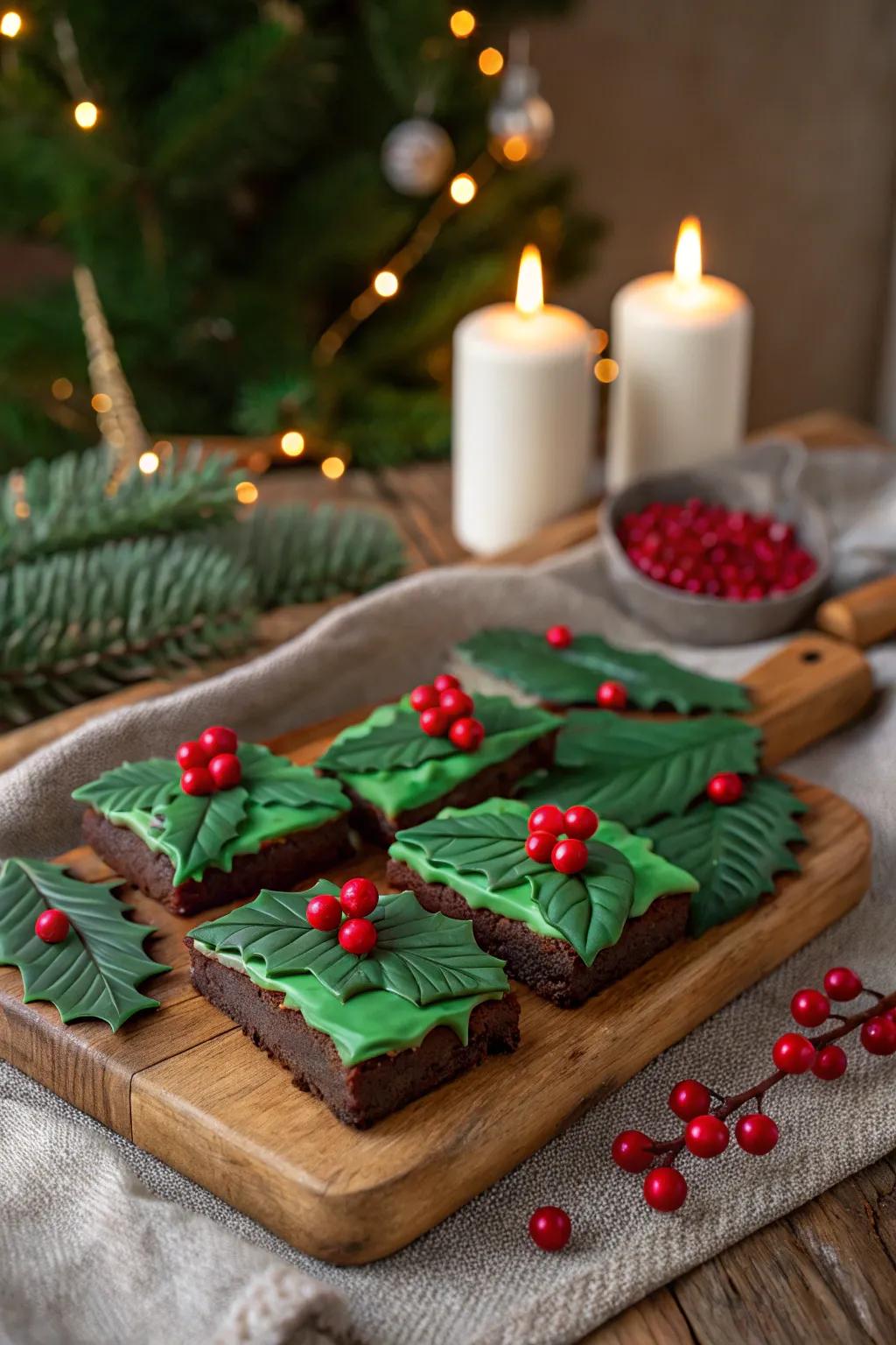 Holly leaf brownies bring a touch of natural beauty to your holiday dessert selection.