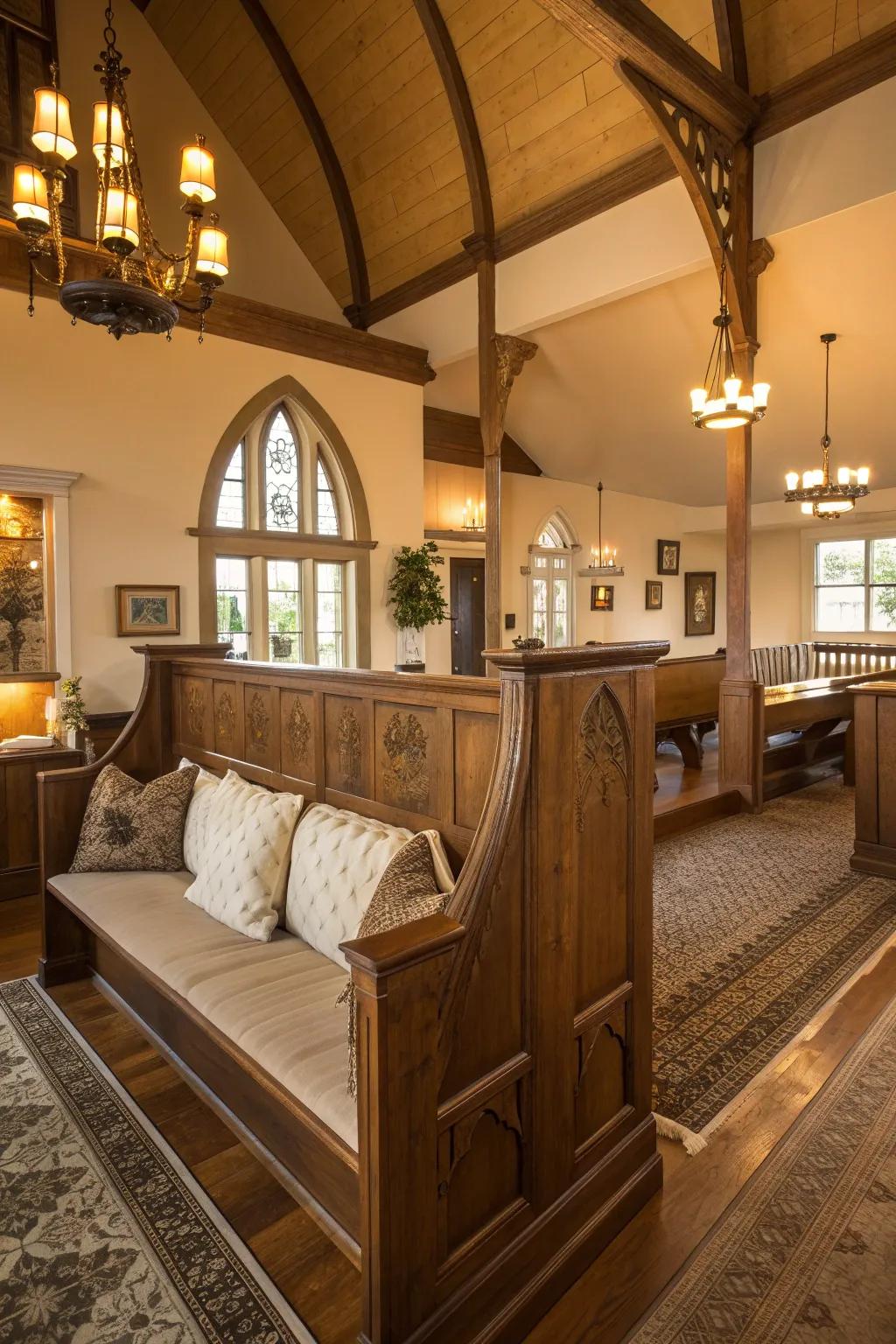 Define your open-plan space with a church pew, adding function without losing openness.