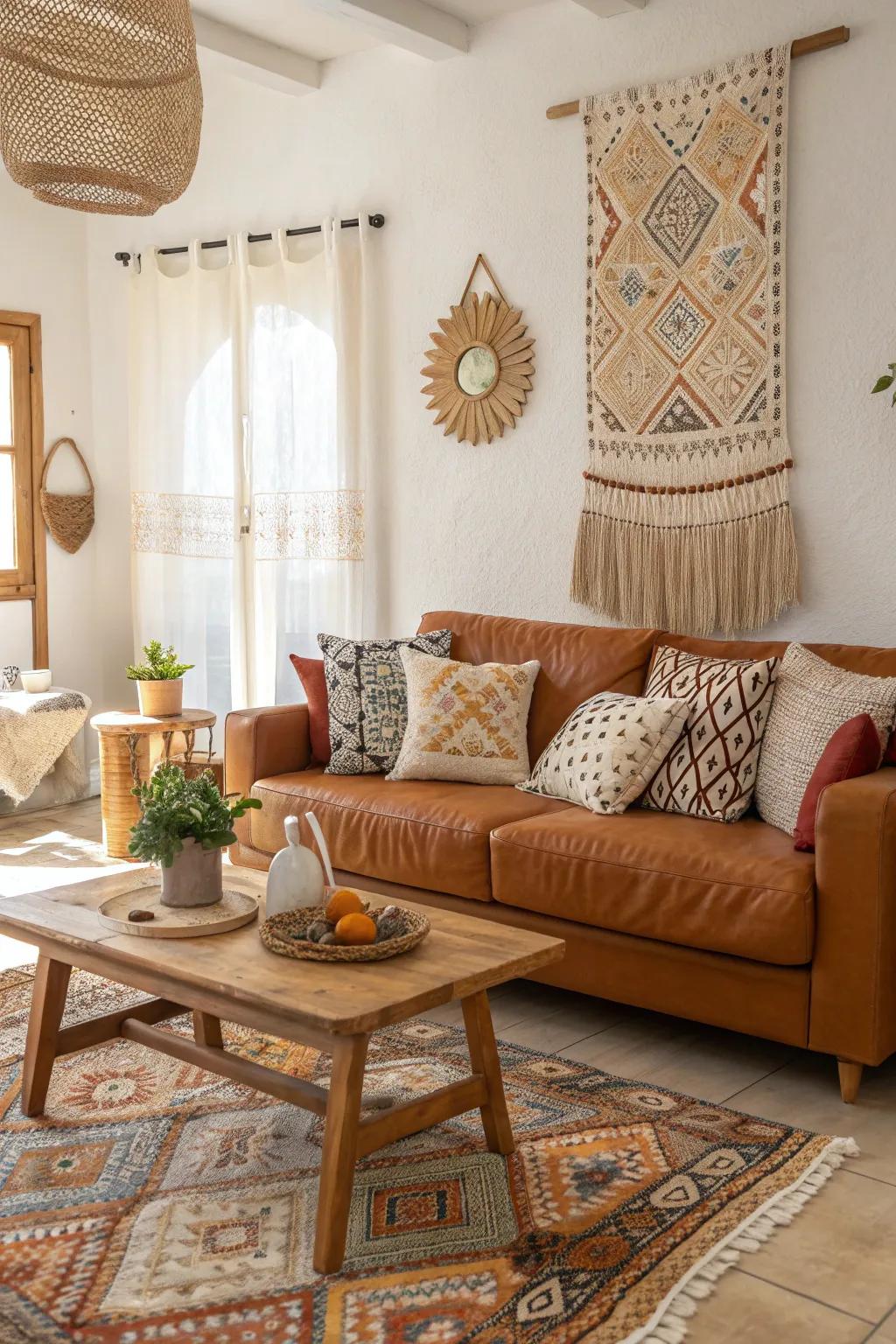 Express your individuality with bohemian chic decor that makes your cognac couch the centerpiece of creativity.