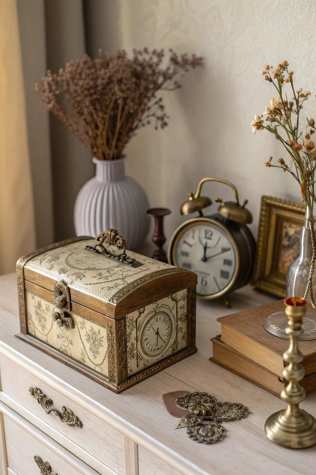 Add timeless charm with vintage pieces, giving your dresser a unique and storied look. ⏰ #VintageDecor #TimelessStyle