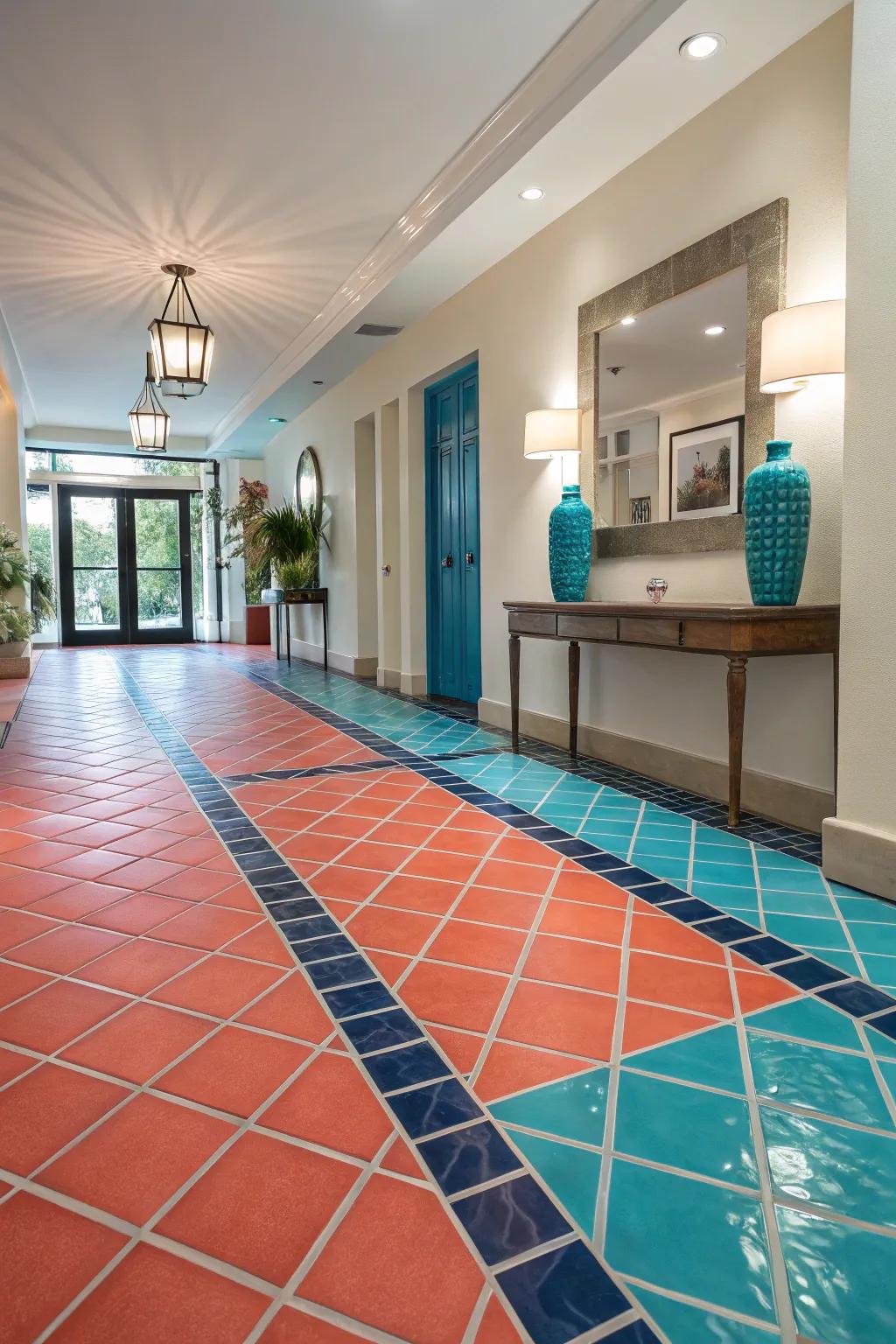 Two-tone tiles add a dynamic edge to your entryway flooring.