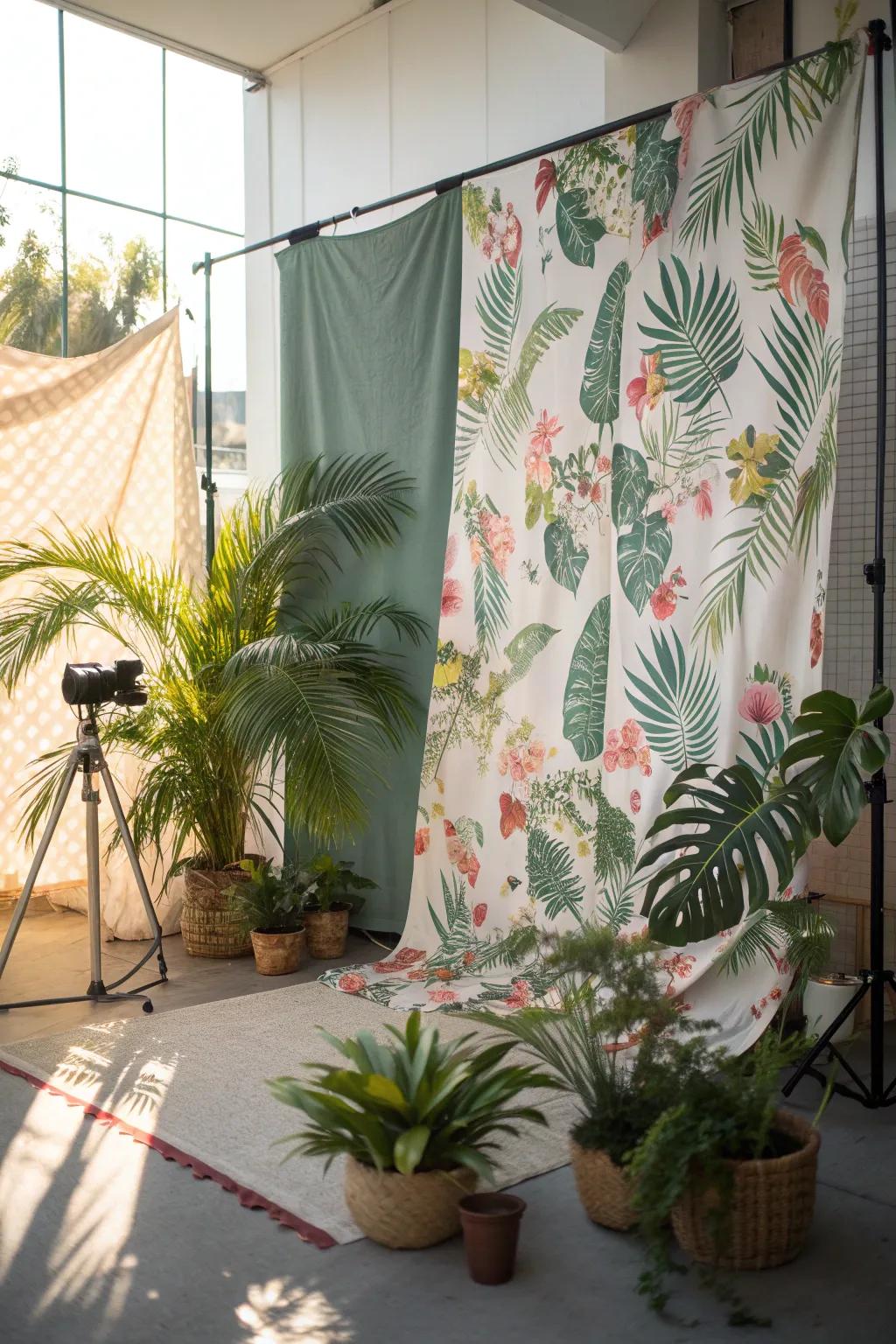 Escape to a tropical paradise with a vibrant fabric backdrop that brings vacation vibes home.