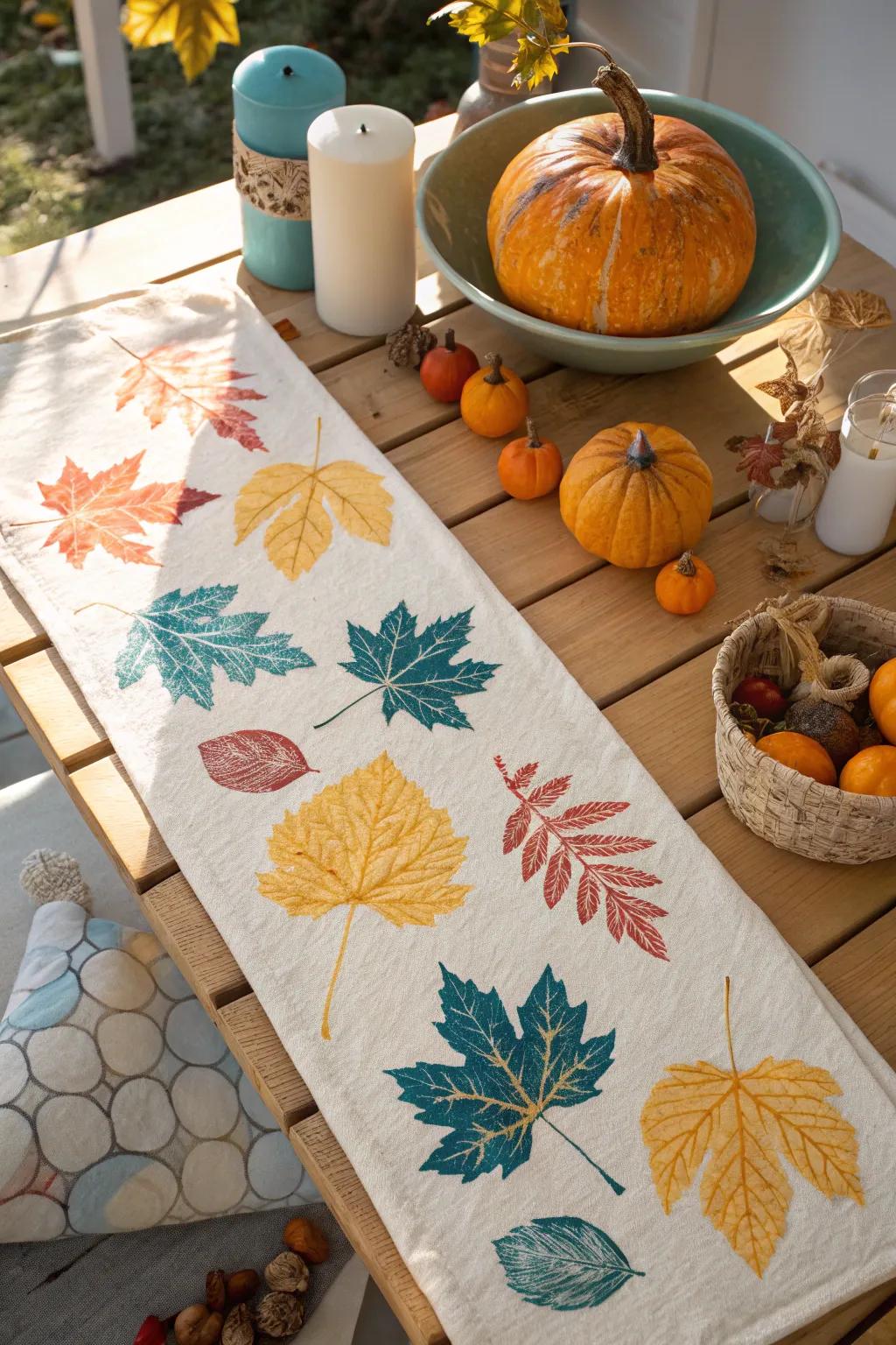 Add a personalized touch with leaf-stamped table runners that showcase creativity.