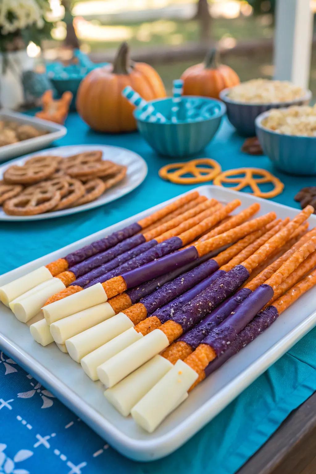Snack on broomstick pretzels that bring a whimsical touch to your Halloween spread.