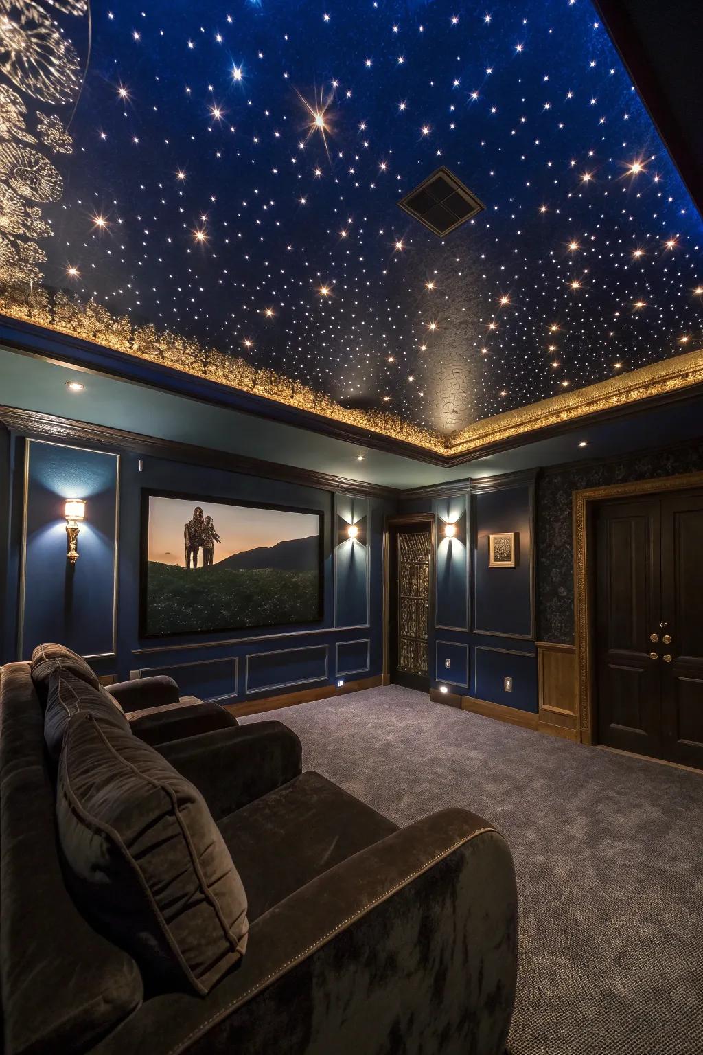 Add a celestial charm with a starry ceiling that enhances every cinematic experience. ✨ #CeilingDesign #HomeTheater