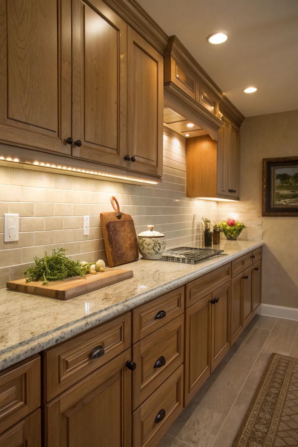 Illuminate your kitchen with hidden lighting that enhances both function and atmosphere.