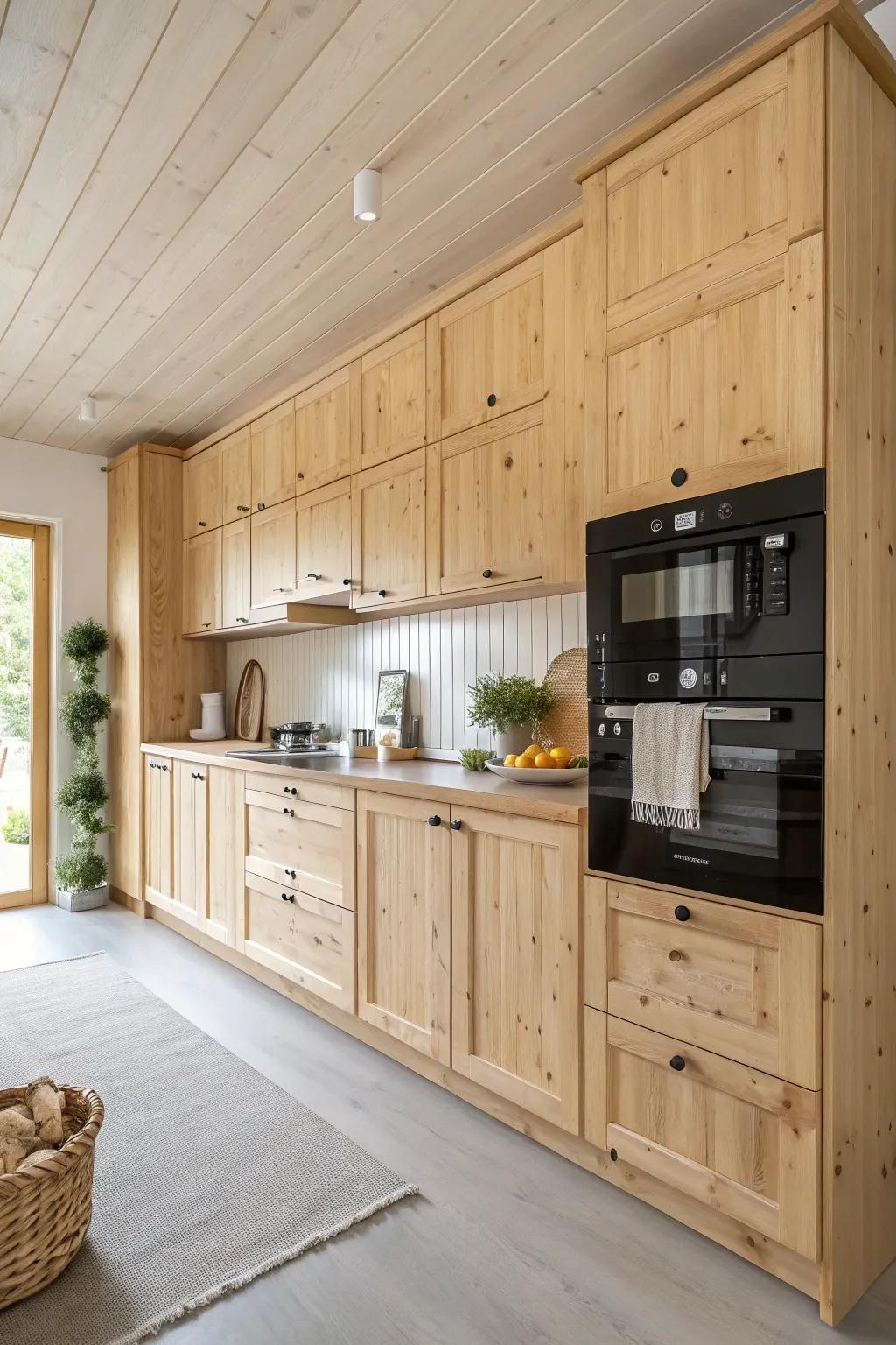 Achieve a cohesive kitchen design with built-in appliances that complement knotty pine. 🌟 #SeamlessDesign #KitchenGoals