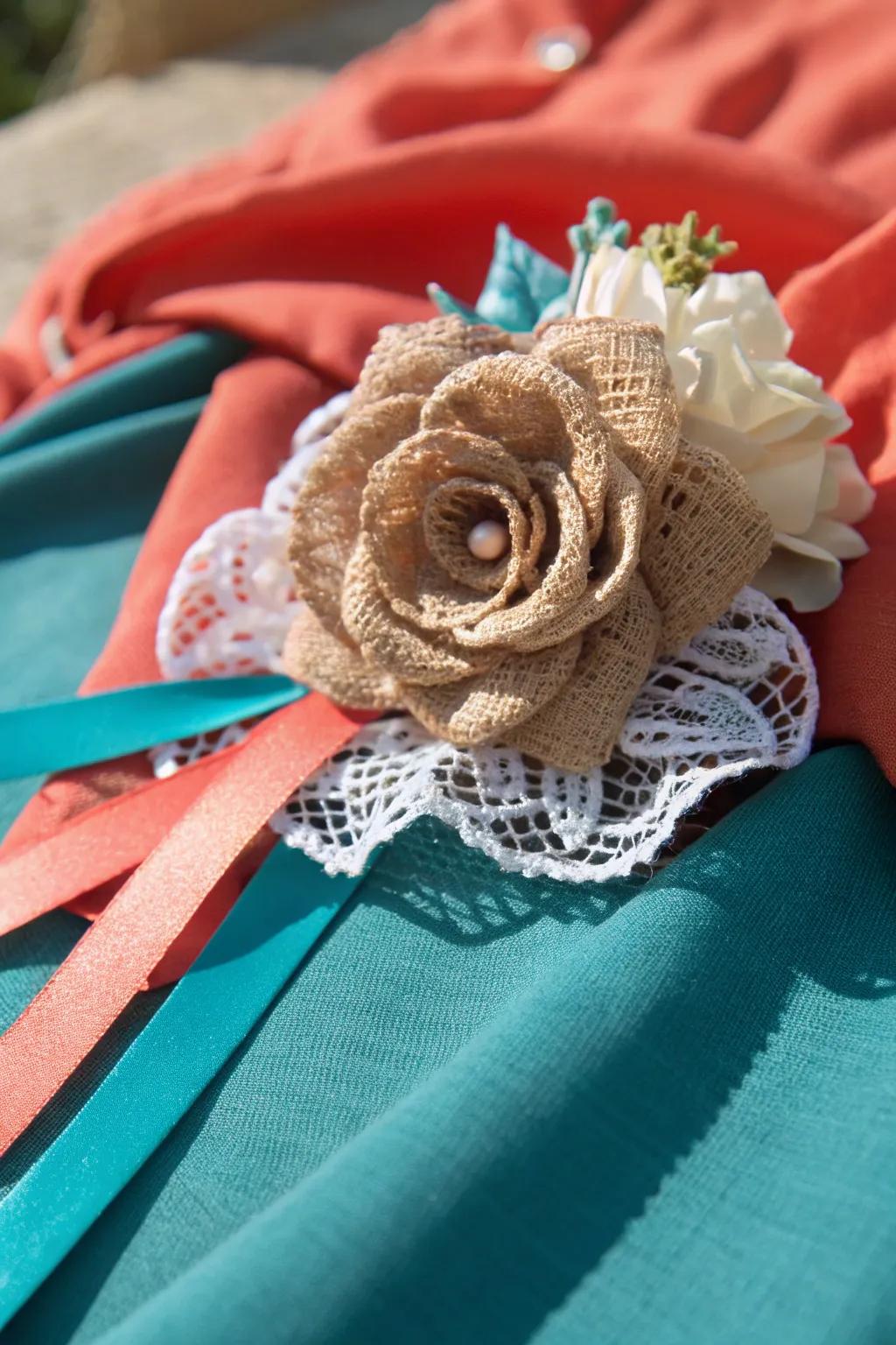 Rustic charm meets elegance in a burlap and lace corsage.