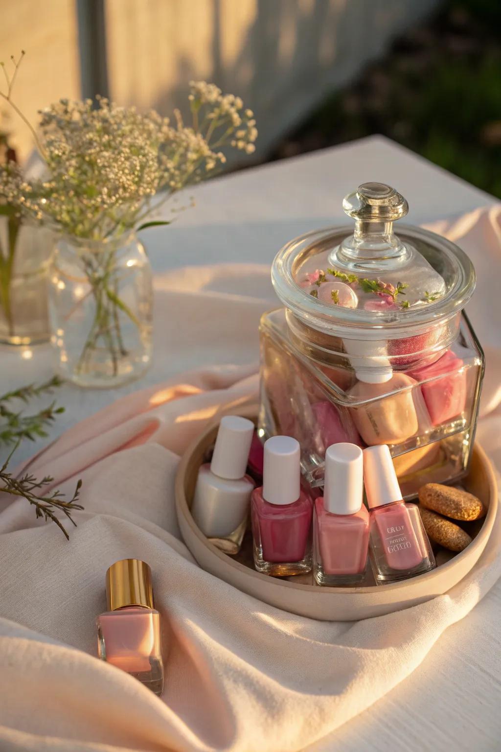 Add a touch of whimsy with a cookie jar display that keeps your polishes both charming and accessible.