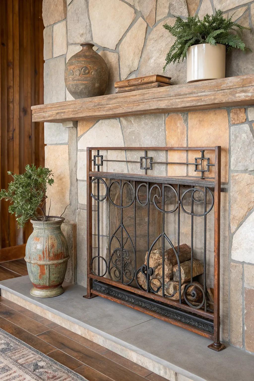 Rustic metal and stone mantels blend old-world charm with modern design.