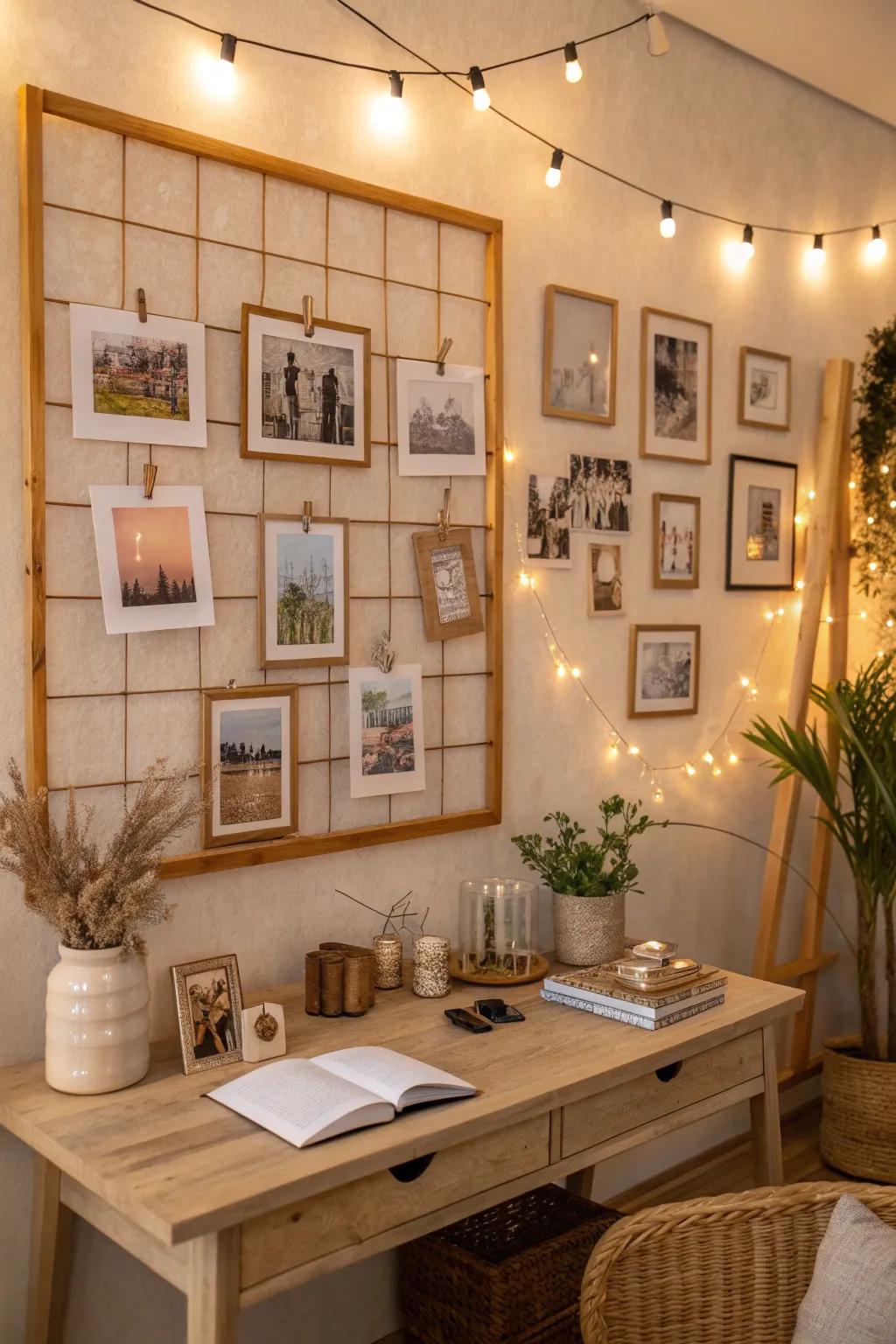 Celebrate life’s moments with a photo collage wall that brings warmth to your workspace.