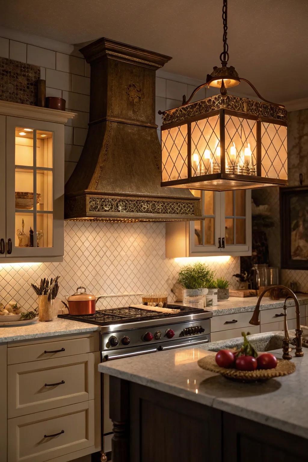 Create a dynamic kitchen atmosphere with layered lighting that enhances both style and function.