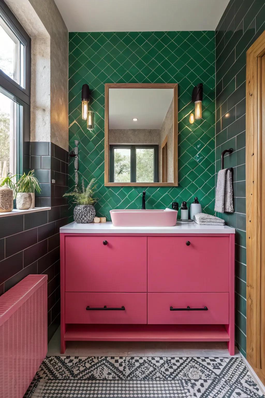 Add dimension with textured surfaces in pink and green for a dynamic bathroom design. 🎨 #TexturedDesign #BathroomInspo #ColorPlay
