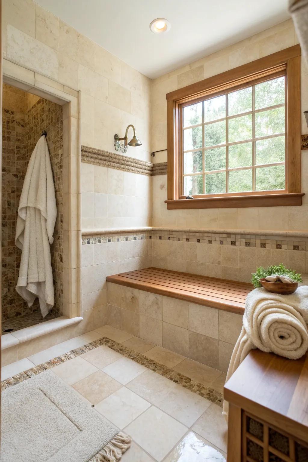 Elevate your shower time with a recessed bench that combines comfort and elegance. 🚿 #LuxuryBathroom #DesignInspo