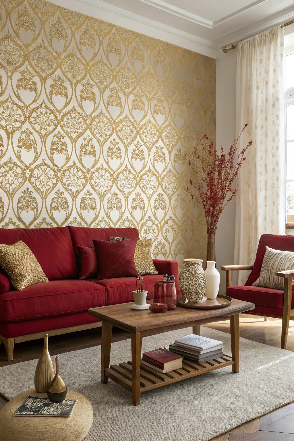Gold patterned wallpaper adds sophistication and enhances the room's luxury.