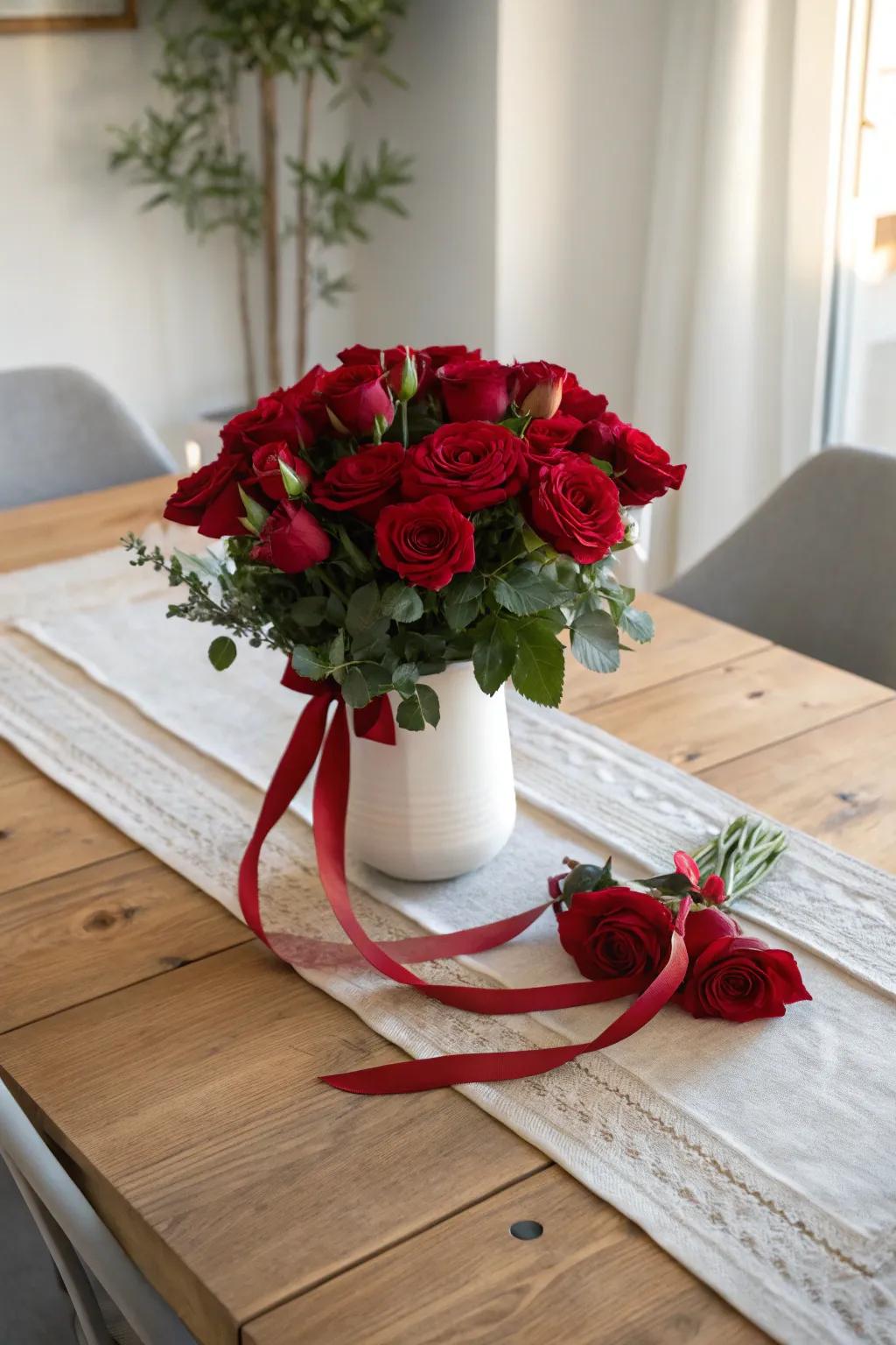 Add elegance with red roses and a charming ribbon accent.