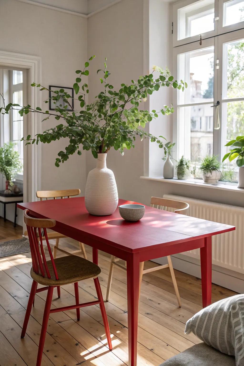 Red and green create a refreshing and balanced dining atmosphere.