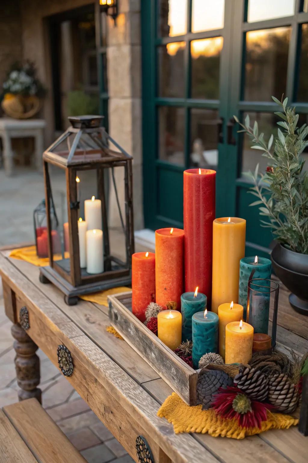 Candles of varying sizes create a warm, inviting ambiance in your rustic entryway.