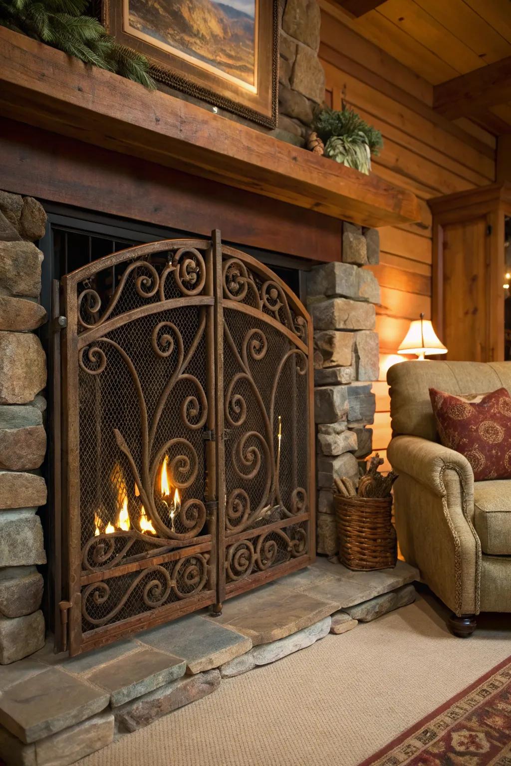 Custom screens provide both function and flair to your rustic fireplace. #FireplaceScreen #DecorativeTouch