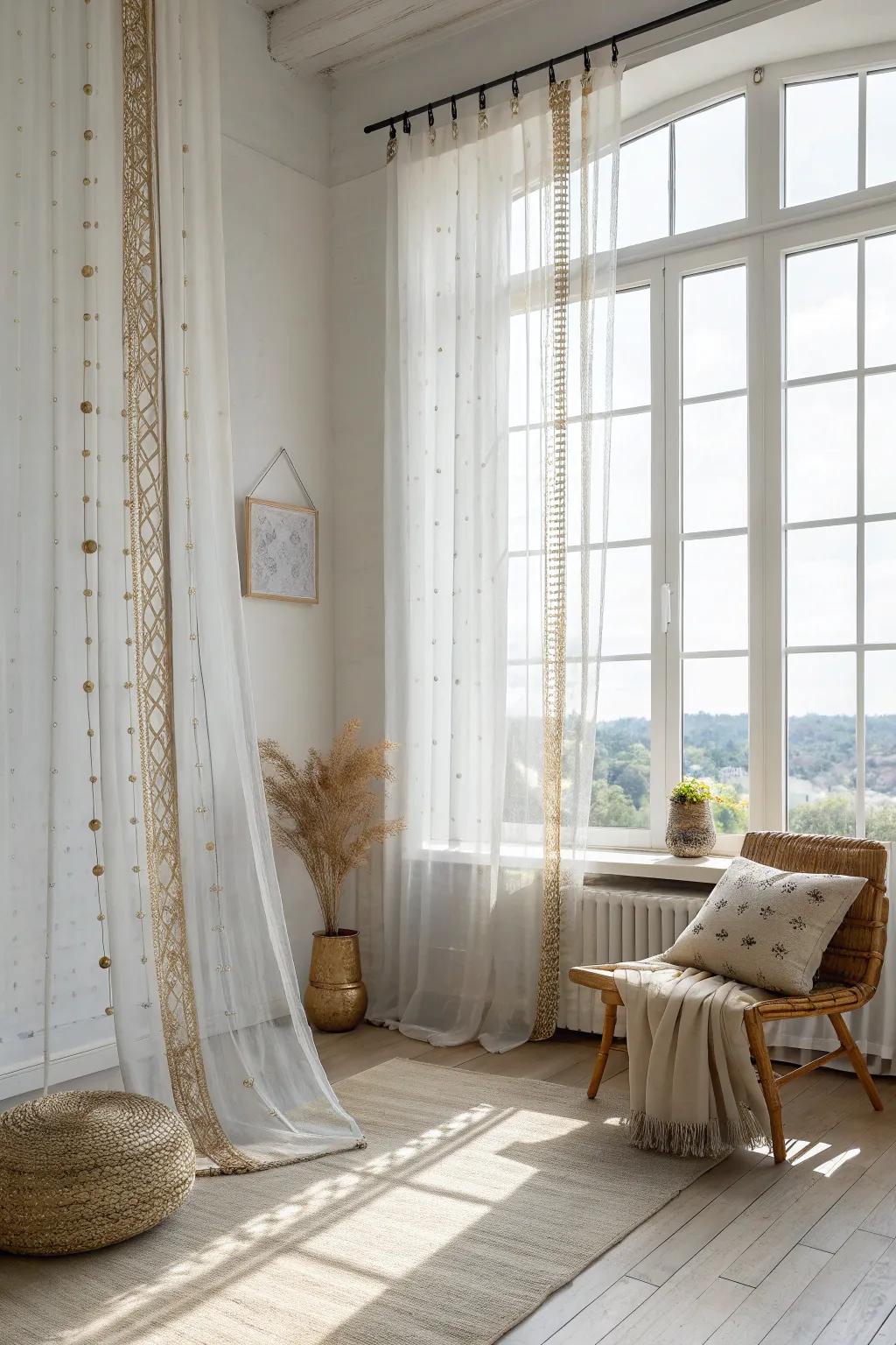 Add a touch of glamour with sheer curtains adorned with metallic threads. #GlamorousInteriors #SheerElegance