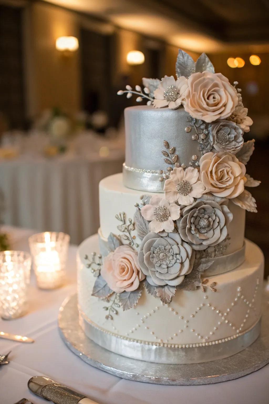 Silver fondant flowers that bring a touch of nature's elegance to your cake.