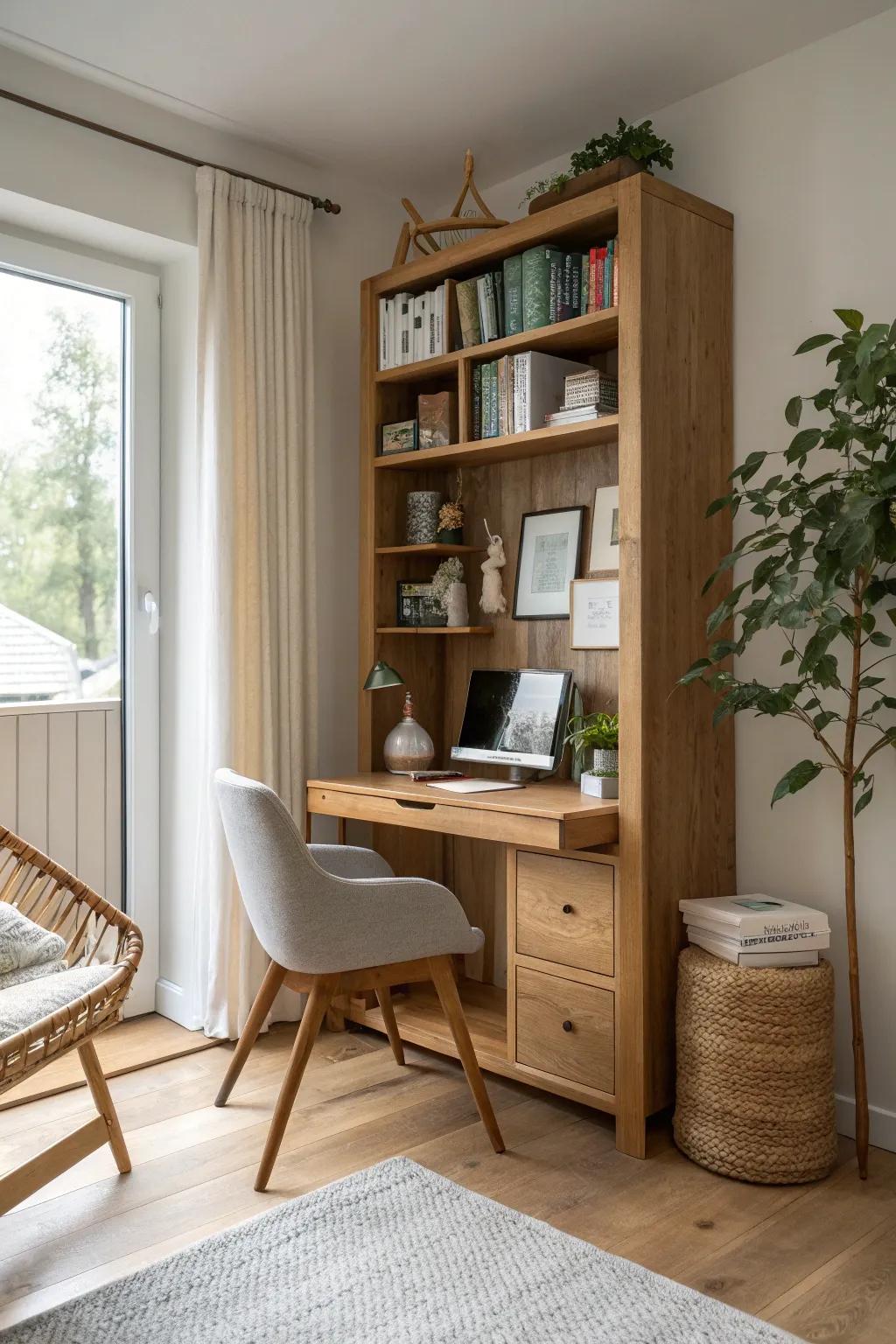 Combine storage and workspace seamlessly with a bookshelf desk that maximizes vertical space.