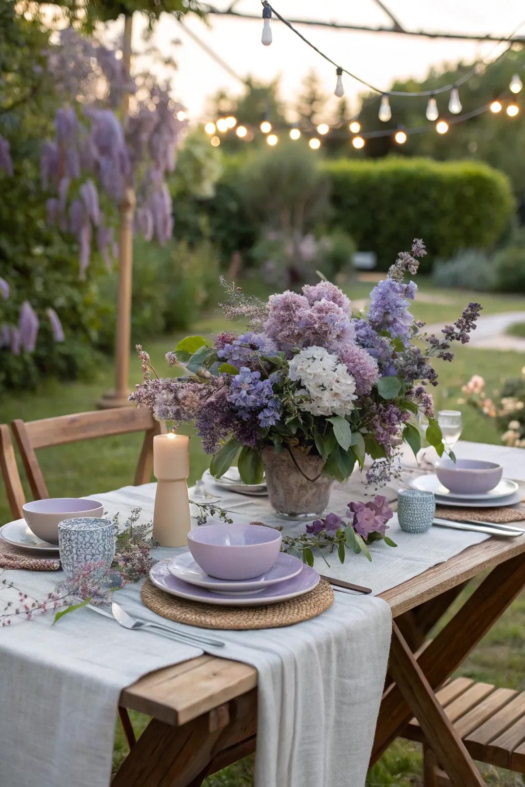 Create a storybook setting with the enchanting hues of lilac, purple, and blue.