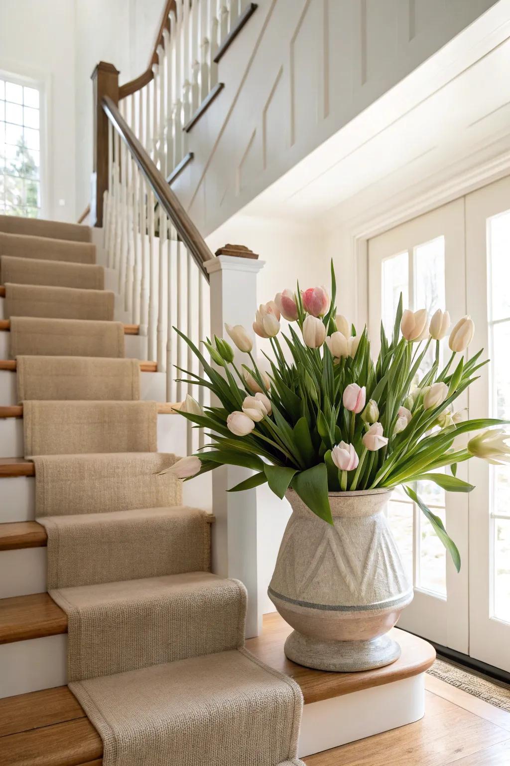 Turn your staircase landing into a dramatic tulip display for a stunning focal point.