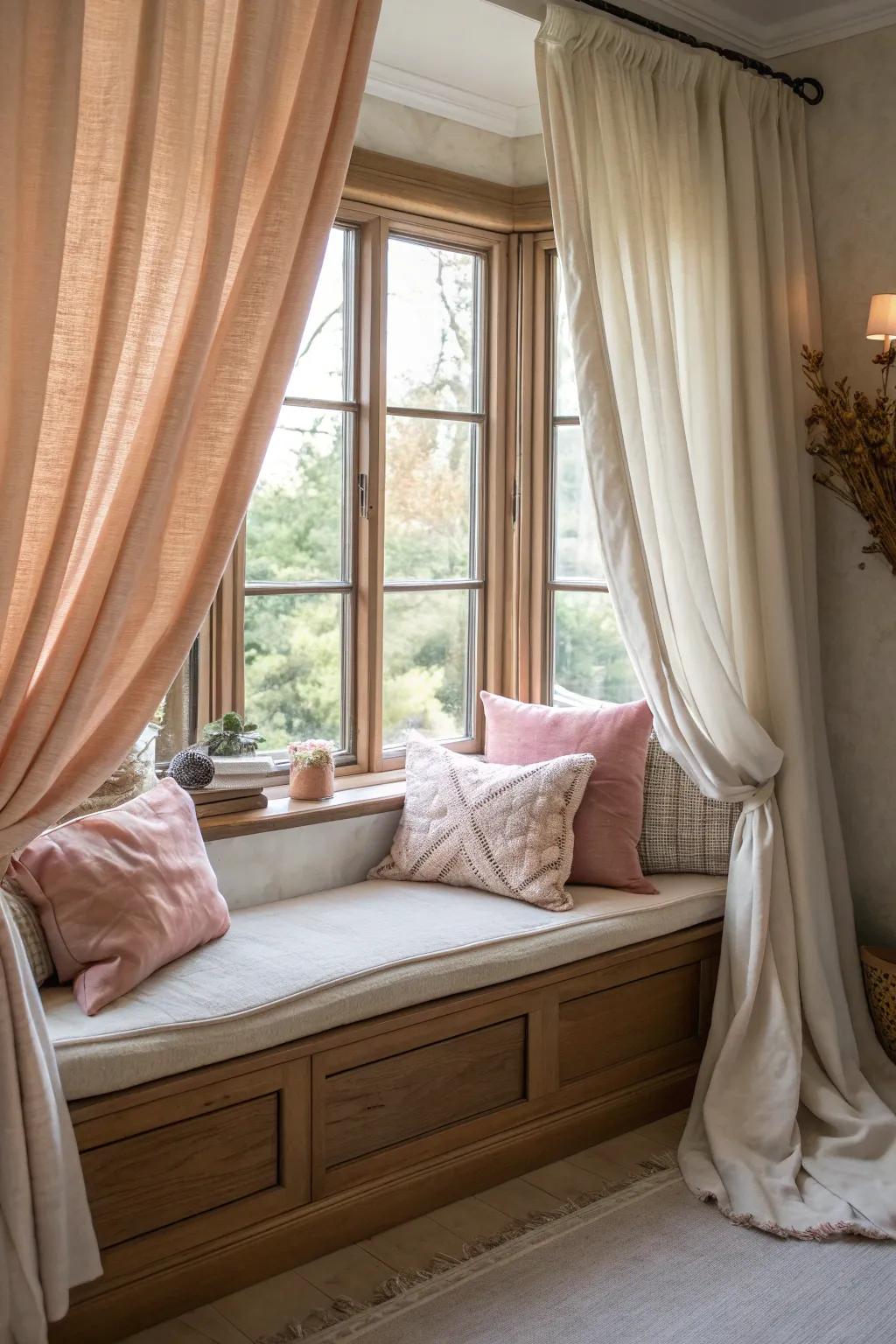 A curtain canopy transforms your window seat into a dreamy escape. #CozyRetreat #DreamyDecor #CanopyStyle