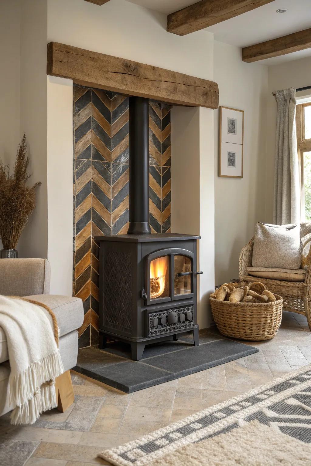 Achieve timeless elegance with a herringbone pattern around your stove, creating an inviting space.