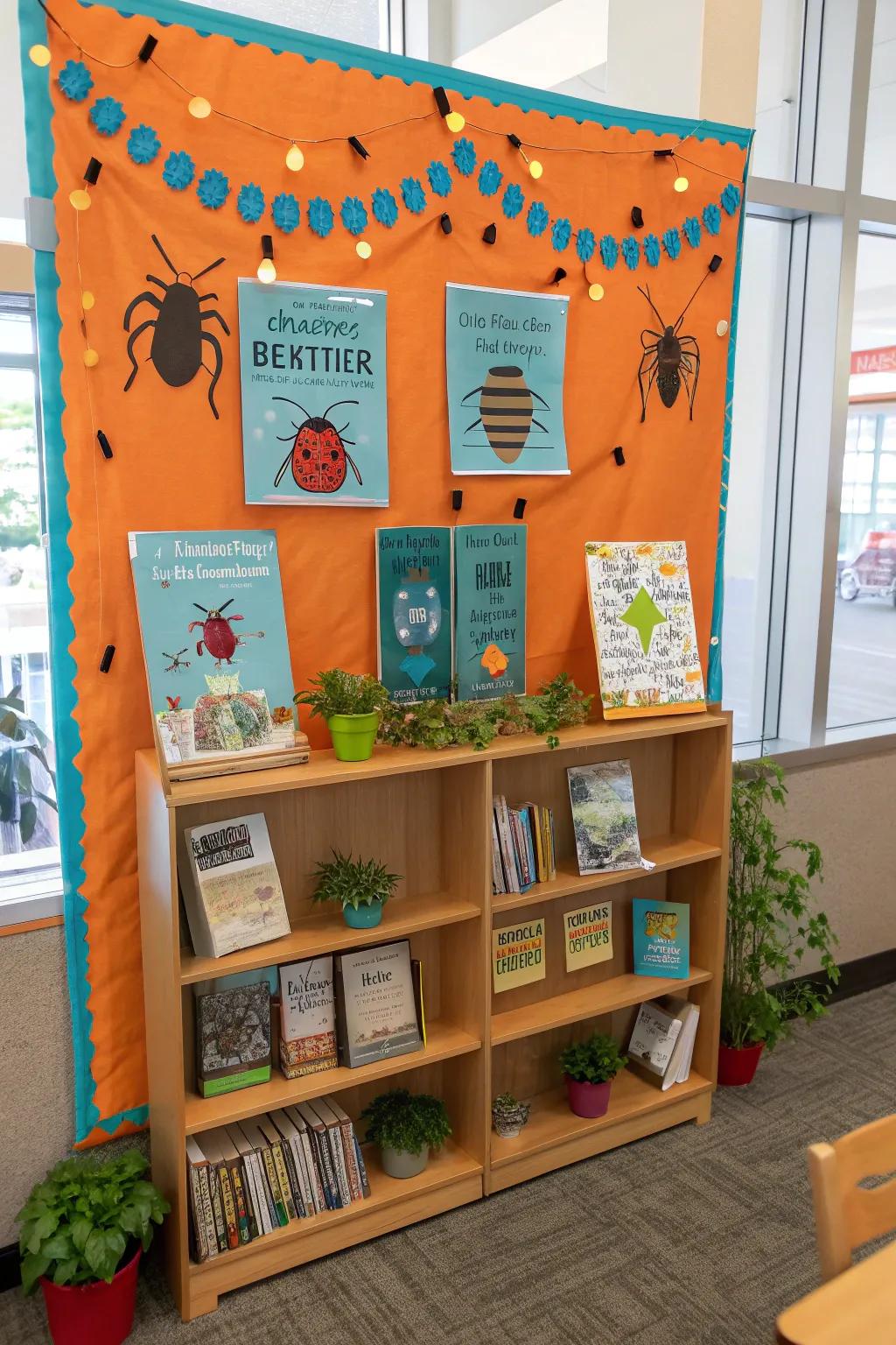 Combine literature and decoration with a buggy bookshelf-themed bulletin board. 📚 #BuggyBooks #LiteraryDecor