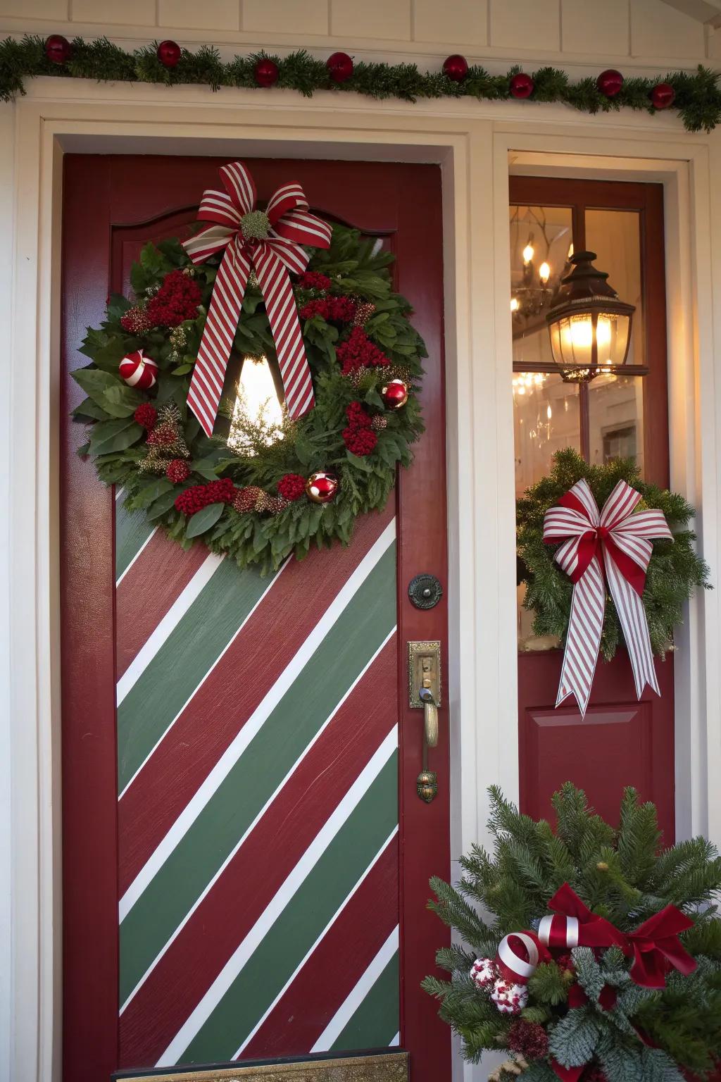 Add natural charm with holly and berry accents that complement the festive candy cane theme.