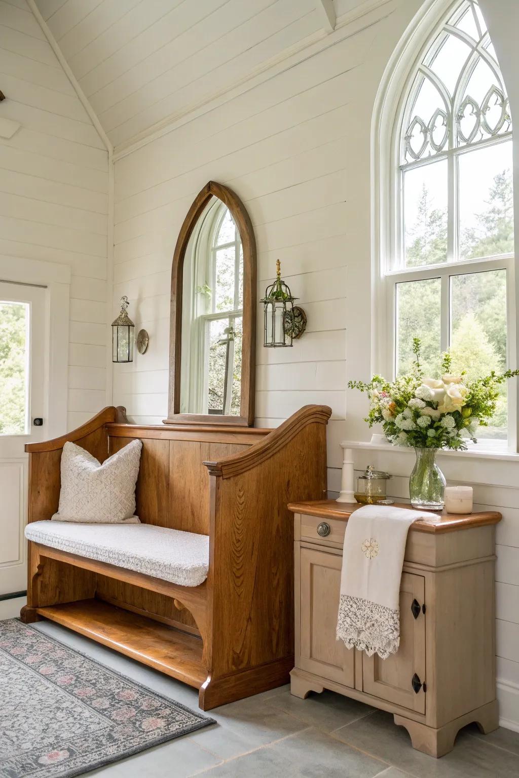 Transform your vanity area with a church pew, adding vintage charm and elegance.
