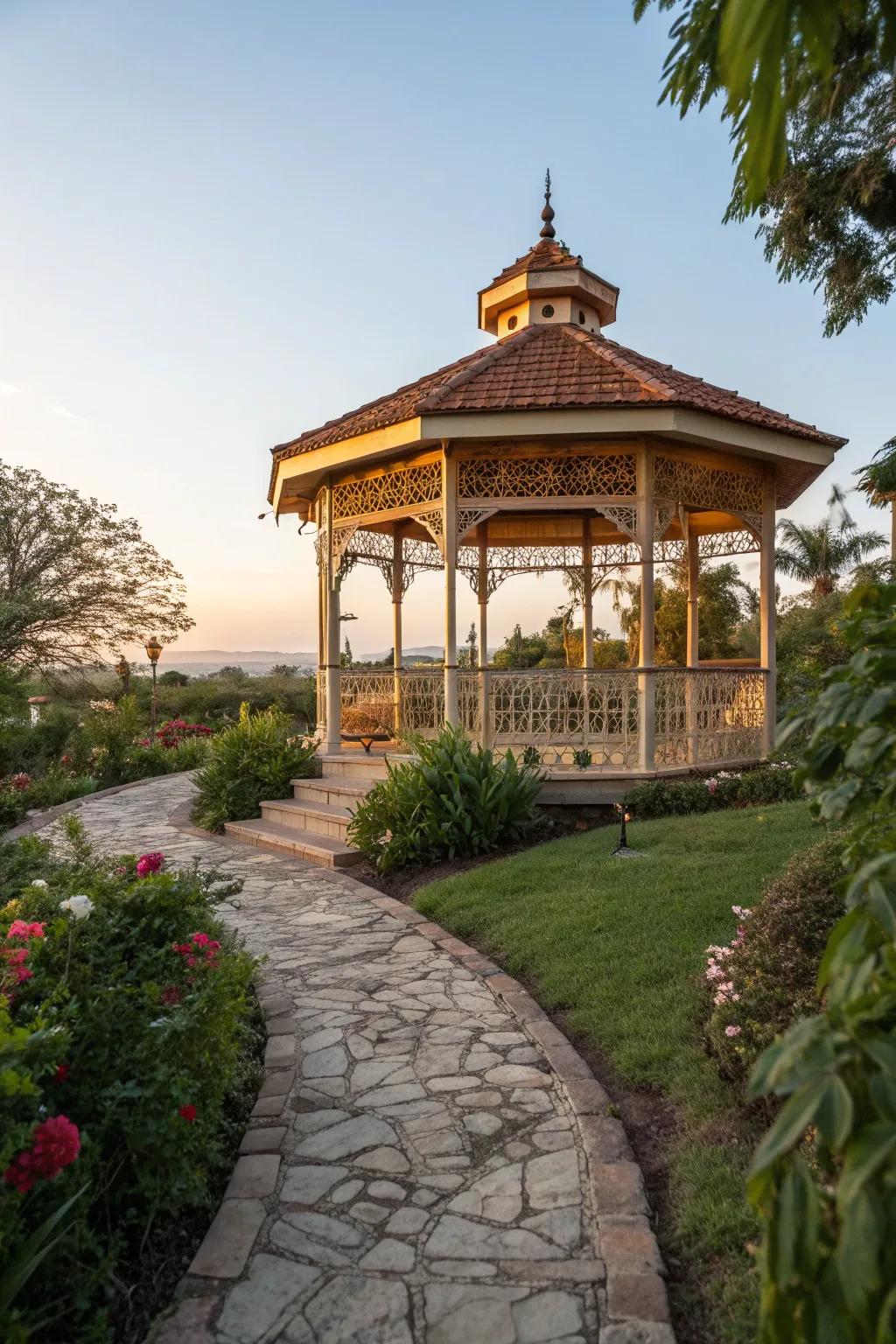 Create an outdoor retreat with a gazebo that echoes colonial charm. 🌿 #Gazebo #GardenDesign #ColonialStyle