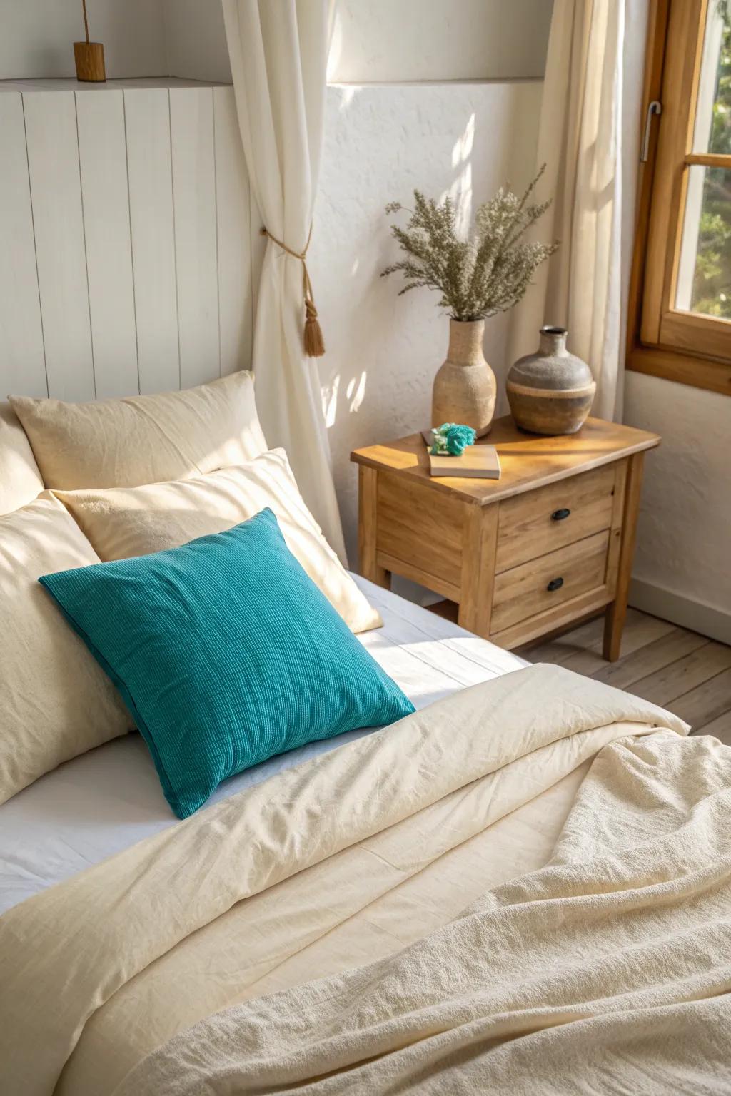 🌈 A pop of color adds vibrancy and interest to a serene cream backdrop. #ColorPop #BedroomStyle