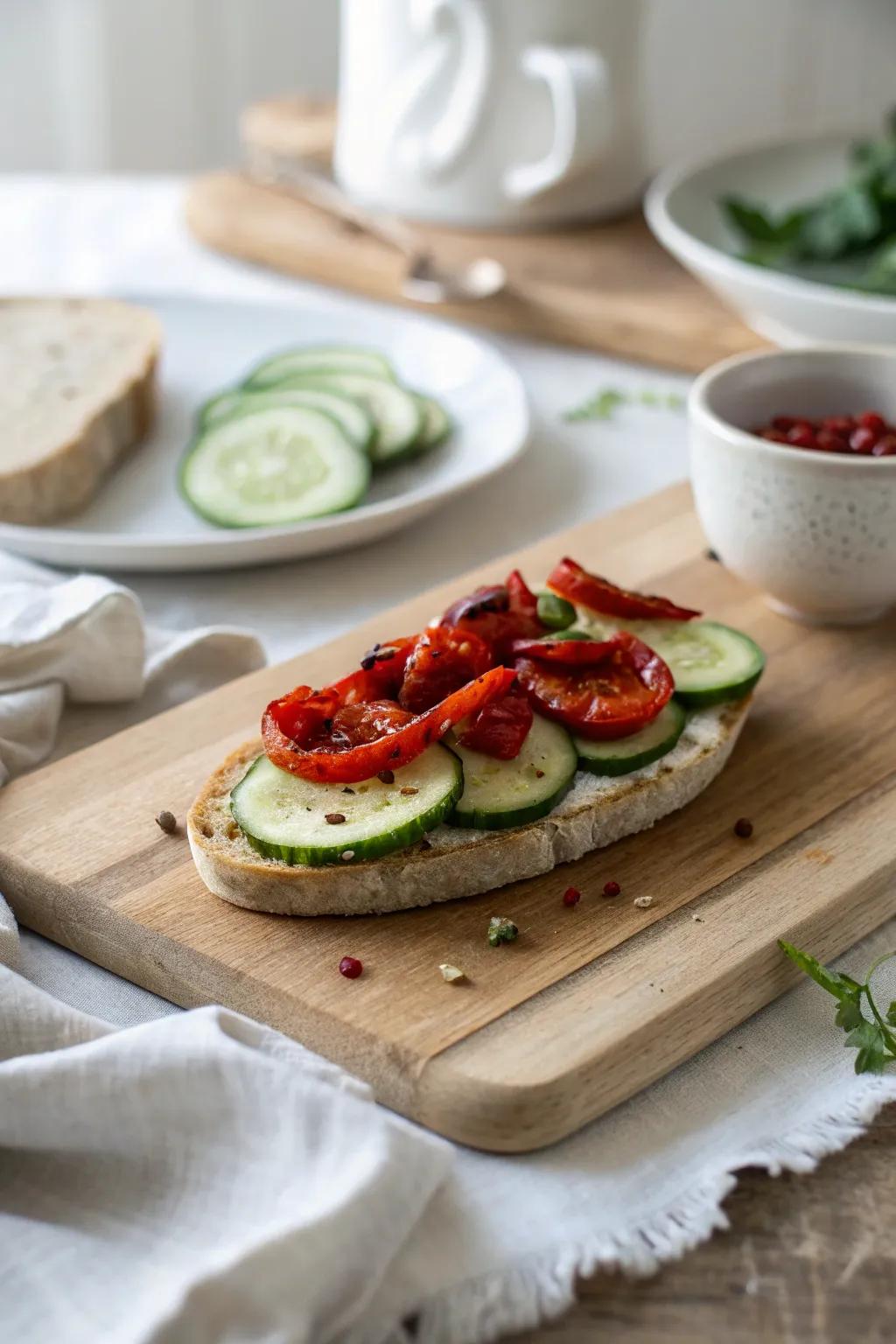 Savor the smoky sweetness of roasted peppers in these cucumber sandwiches.
