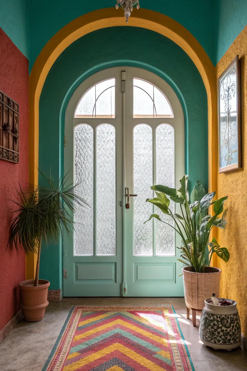 Enjoy privacy with light using frosted glass arched doors.