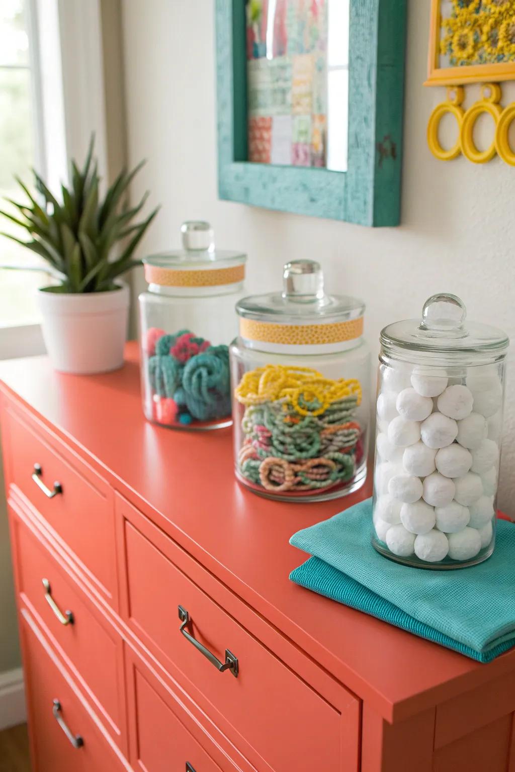Organize with glass jars, keeping small essentials visible and tidy.
