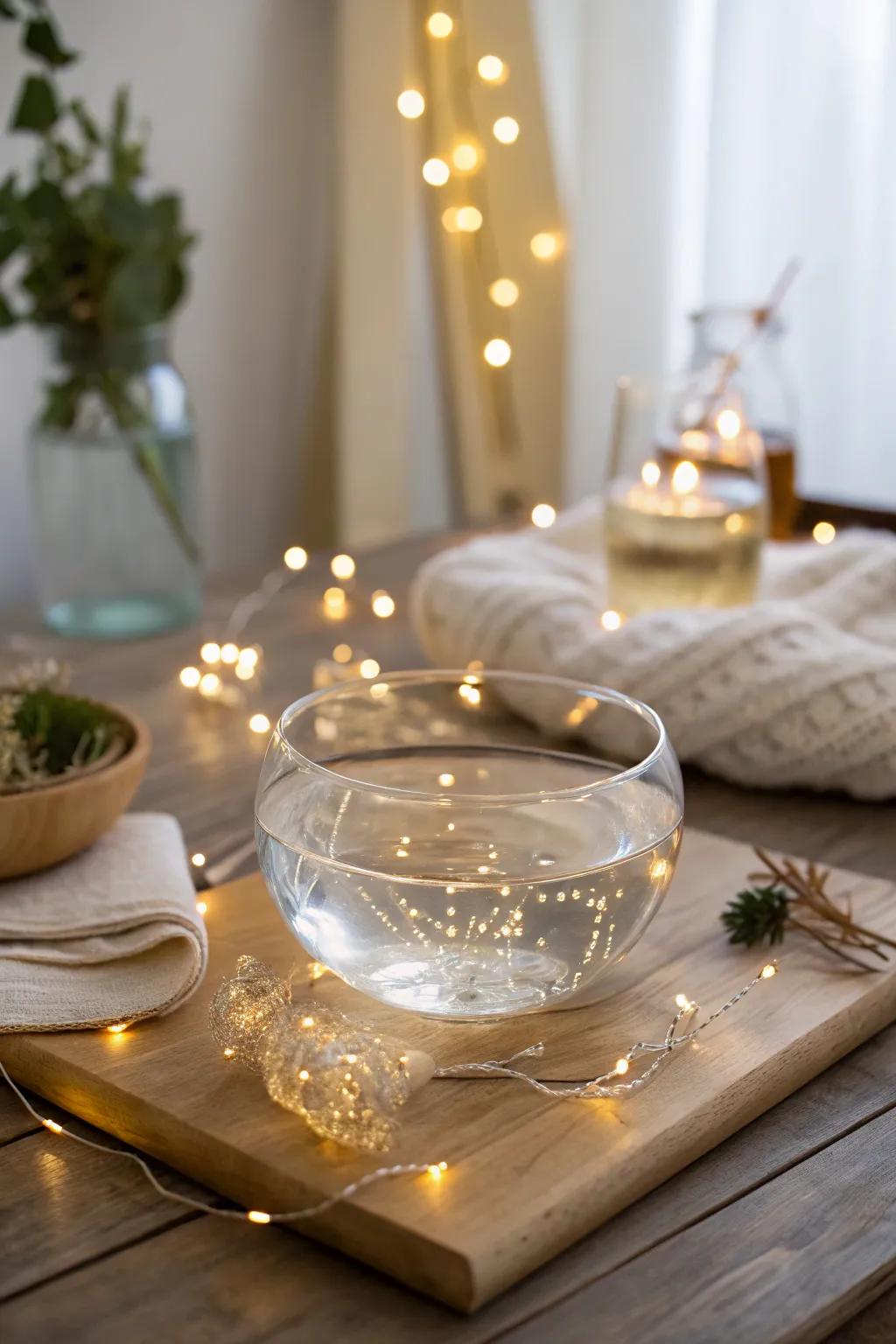Create a magical floating light effect with fairy lights and water.
